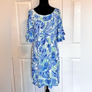 Cappagallo Women’s Blue & Green Paisley Floral Scoop Neck Ruffle Sleeve Dress 10